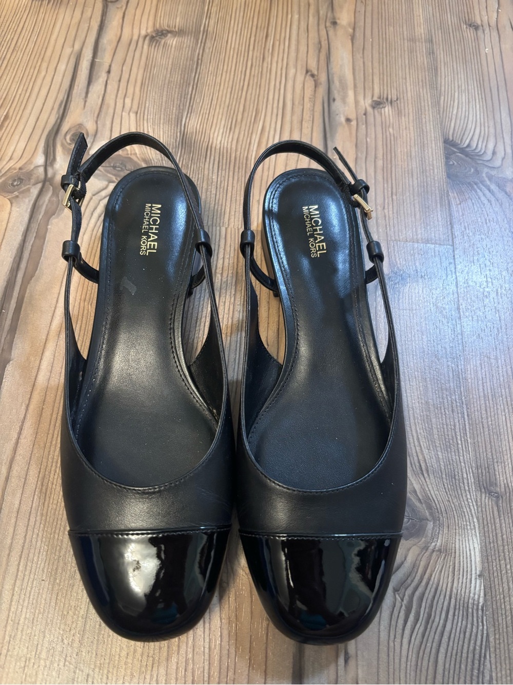 Michael Kors Black Leather Patent Cap Toe Slingback Flats – Size 8.5